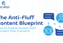 Thumbnail for ‘The Anti-Fluff Content Blueprint’ showing a human silhouette and a robot illustration to highlight human-first LinkedIn content strategy.