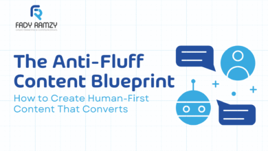Thumbnail for ‘The Anti-Fluff Content Blueprint’ showing a human silhouette and a robot illustration to highlight human-first LinkedIn content strategy.