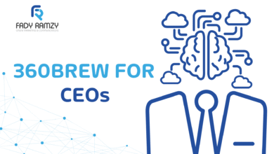 360Brew for CEOs thumbnail showing a confident leader standing before a LinkedIn-style AI network, symbolizing CEO visibility and influence in the new LinkedIn era.