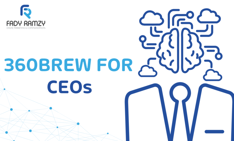 360Brew for CEOs thumbnail showing a confident leader standing before a LinkedIn-style AI network, symbolizing CEO visibility and influence in the new LinkedIn era.